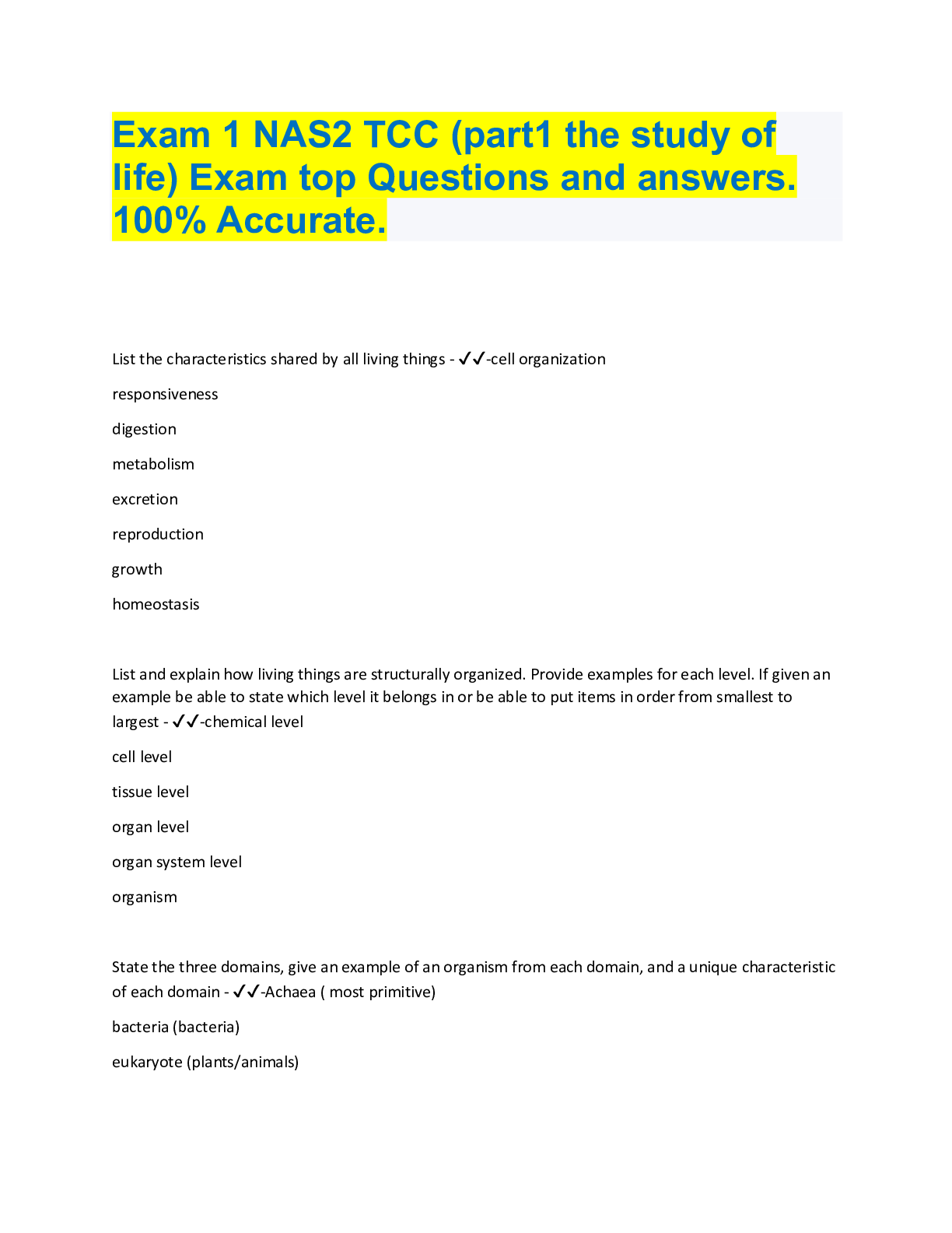 Preview image for Exam 1 NAS2 TCC (part1 the study of  life) Exam top Questions and answers.  100% Accurate.